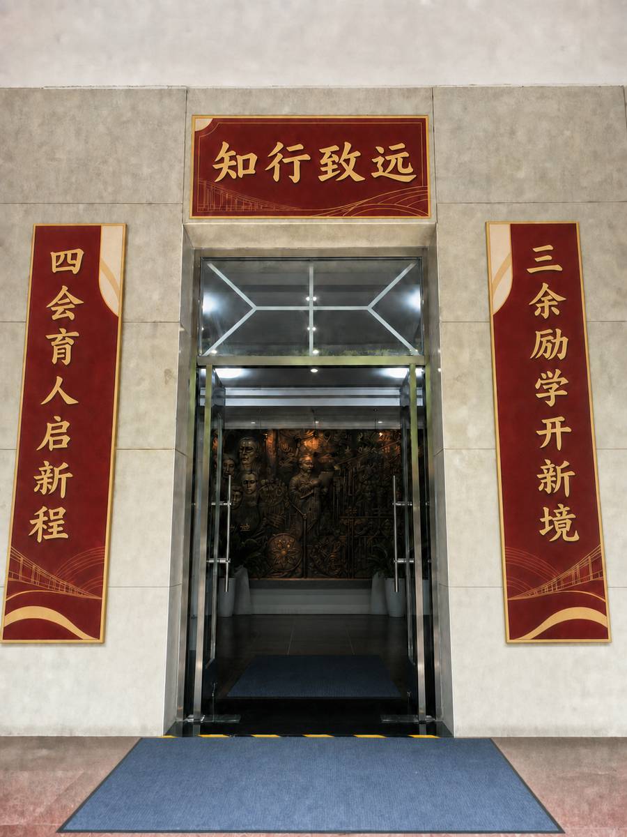 教学楼门口知行致远空景效果图